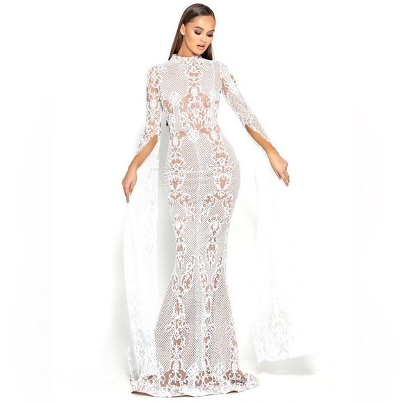 Portia and Scarlett Glitter Lace Mockneck Floor Length Bat Sleeve Evening Dress - Picture 1 of 16